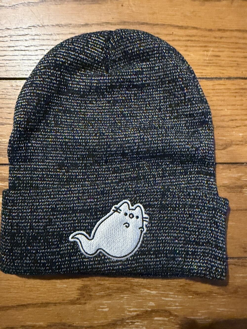 Pusheen Box Exclusive Ghost Beanie Black Metallic Reflective Knit Hat 2021 NWOT